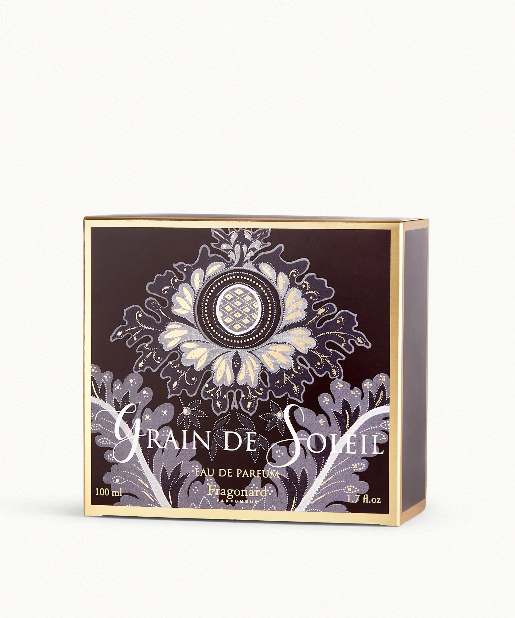 Fragonard Grain de Soleil 100ml Eau de Parfum flat lay jasmine rose vanilla incense