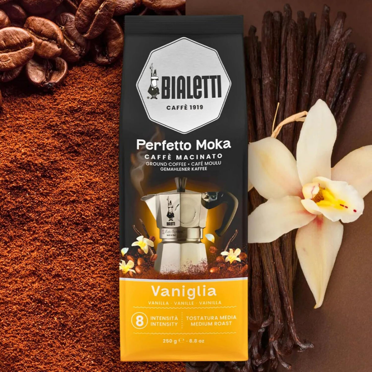 Bialetti Perfetto Moka Vanilla Ground Coffee Medium Roast 8.8oz Aroma-Saving Valve
