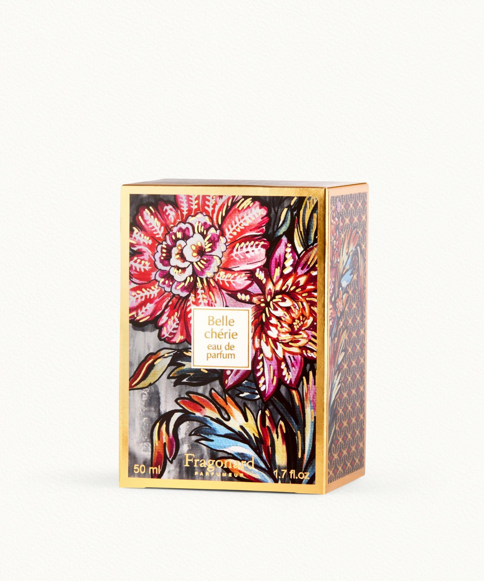 Fragonard Belle Cherie 50ml Eau de Parfum prestige bottle and box flat lay pink floral