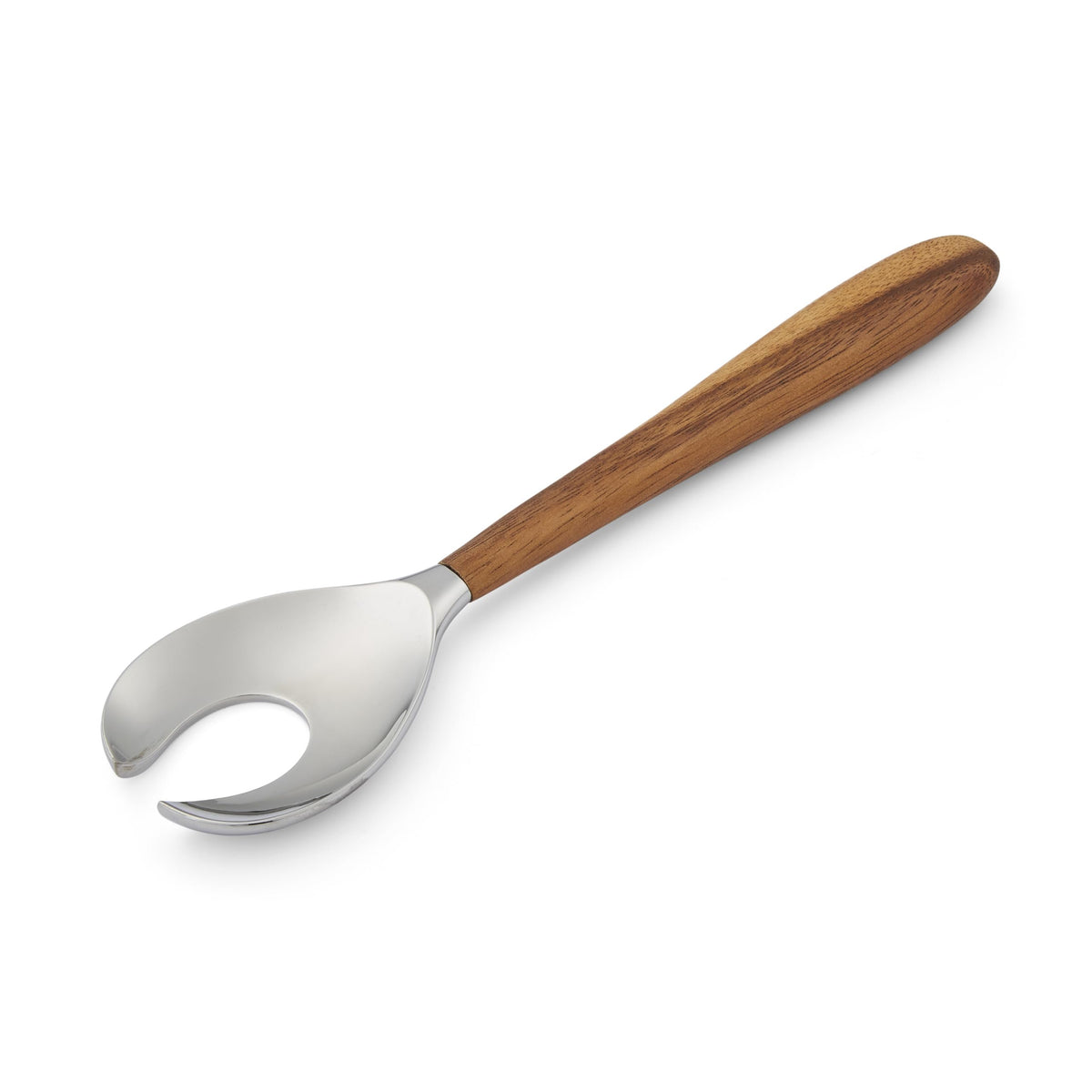 Nambé Curvo Serving Fork in stainless steel and acacia wood