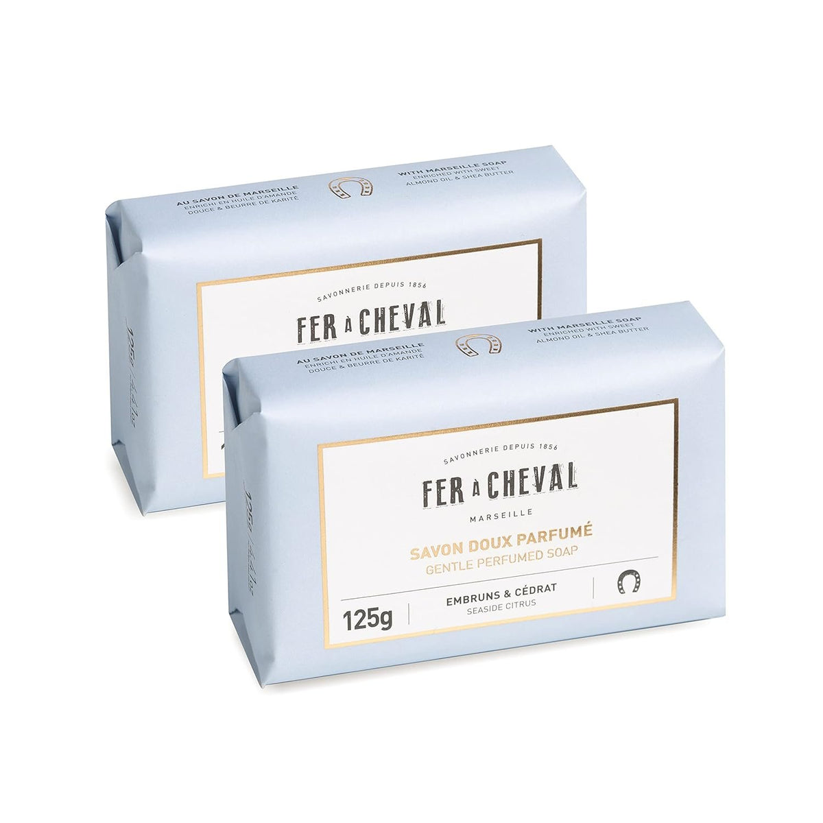 Fer à Cheval Natural Marseille Soap Bars, Pack of 2 - Gentle Perfumed Soap with White Tea & Yuzu Scent - Organic Bath Soap - Enriched with Shea Butter & Sweet Almond Oil, 125g Each