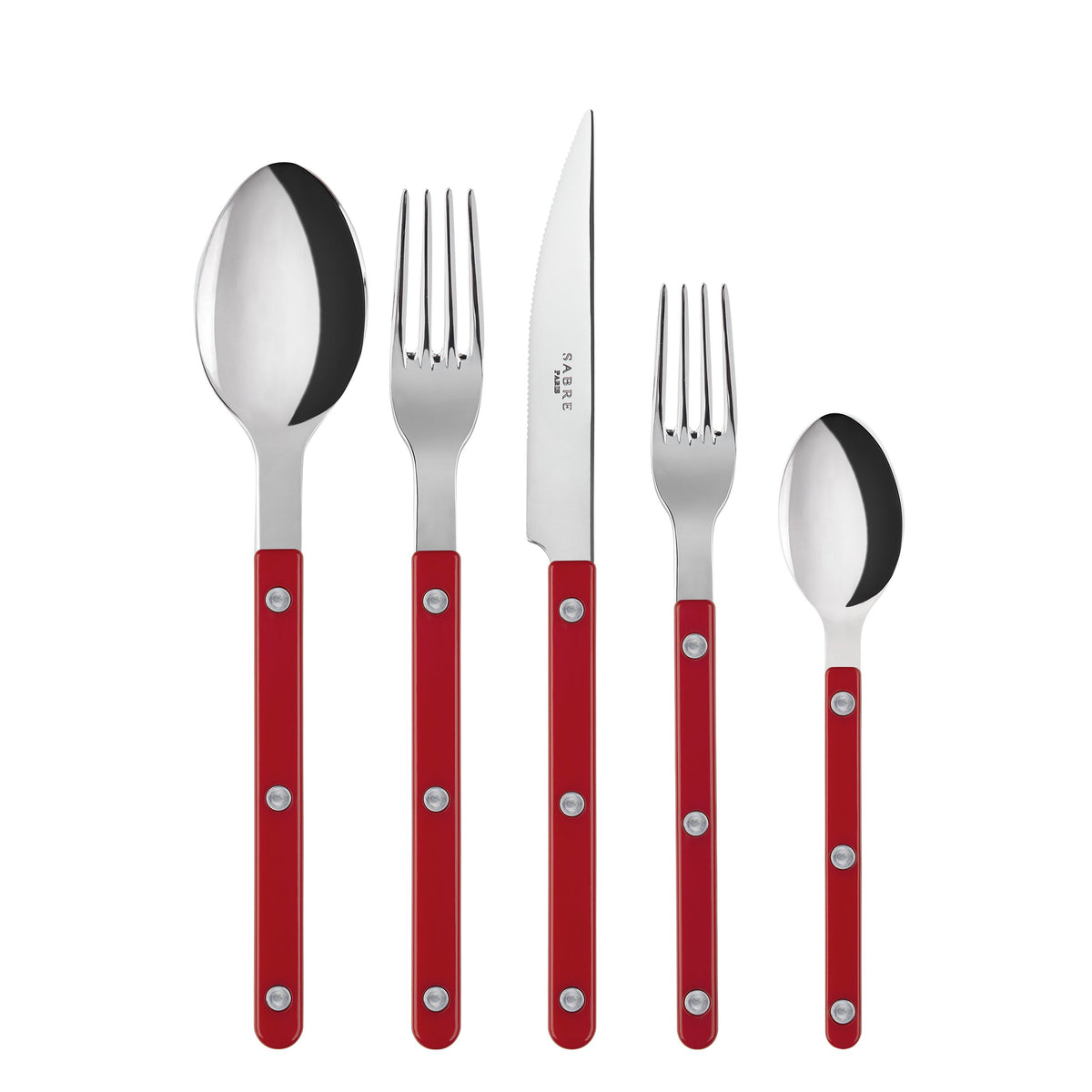 Sabre-Paris 5-Piece Flatware Set for 1 - Bistrot Collection Red - Knife, Fork, Soup Spoon, Teaspoon & Dessert Fork - Stainless Steel & Nylon - Dishwasher Safe - Shiny Finish Red