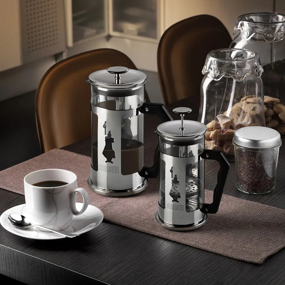 Bialetti Preziosa 8 cup French press styled on kitchen counter – Italian stainless steel coffee maker for coffee infusions and tea