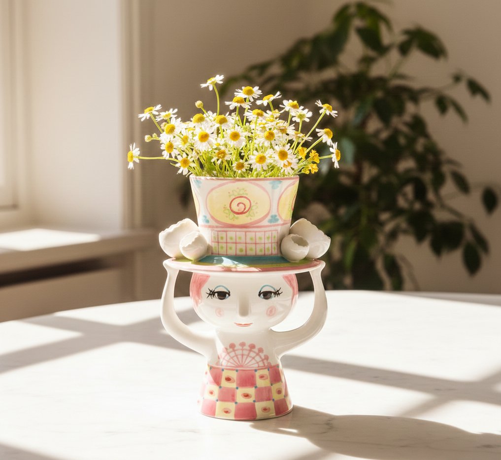 Bjørn Wiinblad Lady with Hat Porcelain Vase | Pink & Yellow