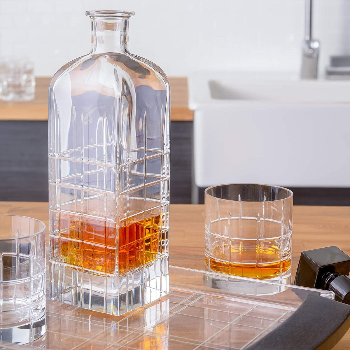 Orrefors Street Double Old Fashioned Glasses styled on bar cart