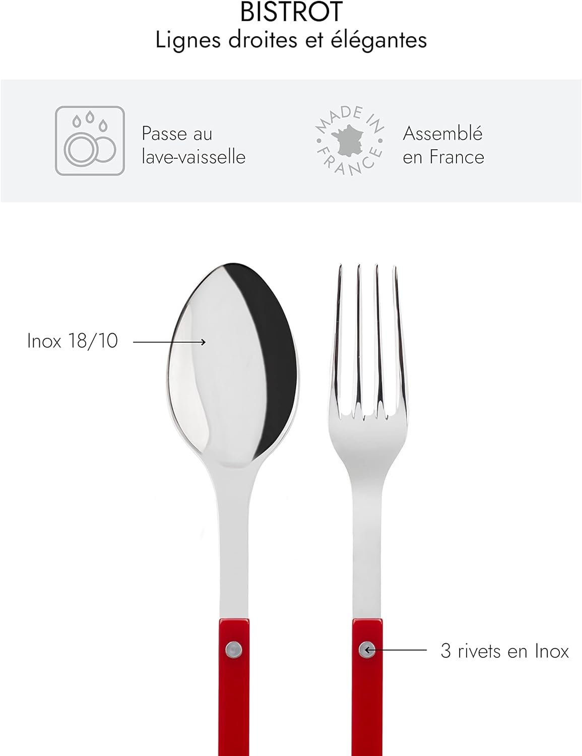 Sabre-Paris 2-Piece Serving Set - Bistrot Collection - Large Fork & Large Spoon - Stainless Steel & Nylon - Dishwasher Safe - Brilliant Finish