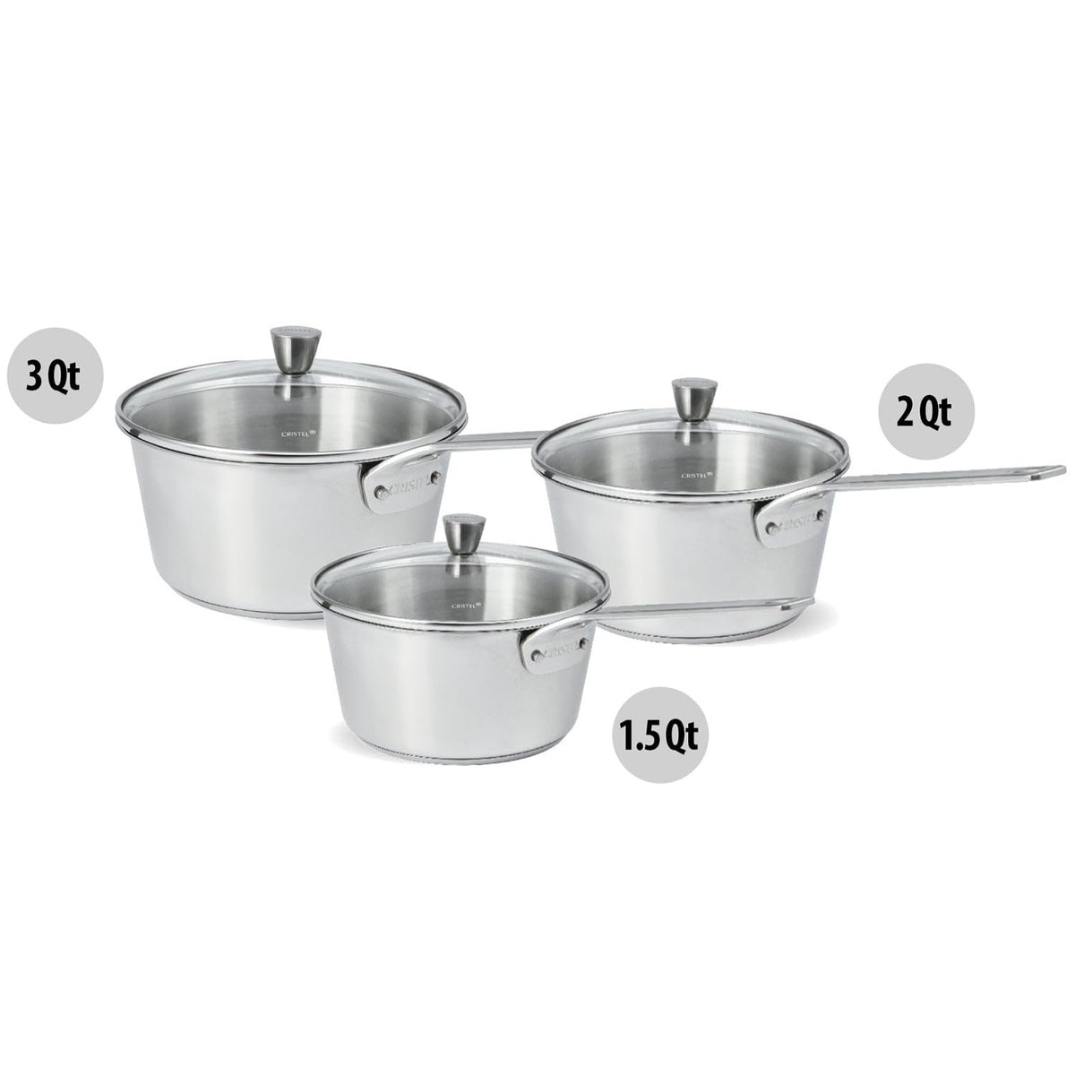 Cristel 1826 Collection 3-Piece Saucepan Set, Made in France, 18/10 Stainless Steel, 3-Ply Construction, Double Riveted Fixed Handle, Oven and Dishwasher Safe