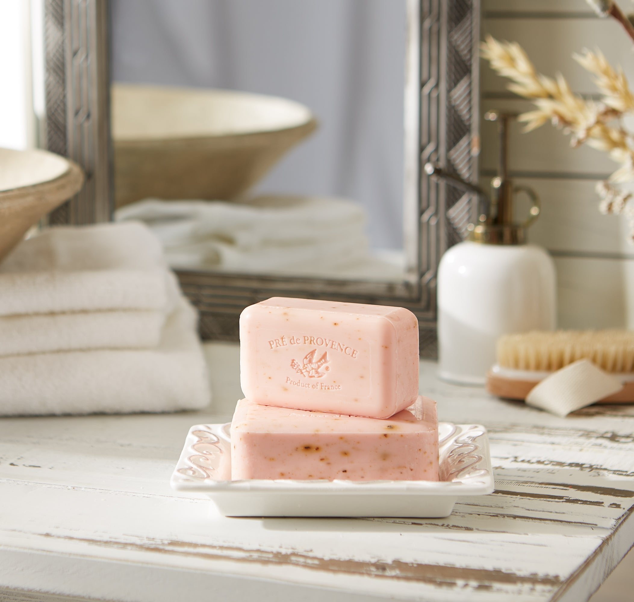 Pre de Provence Rose Petal Soap Bar with rose, geranium, and musk fragrance notes