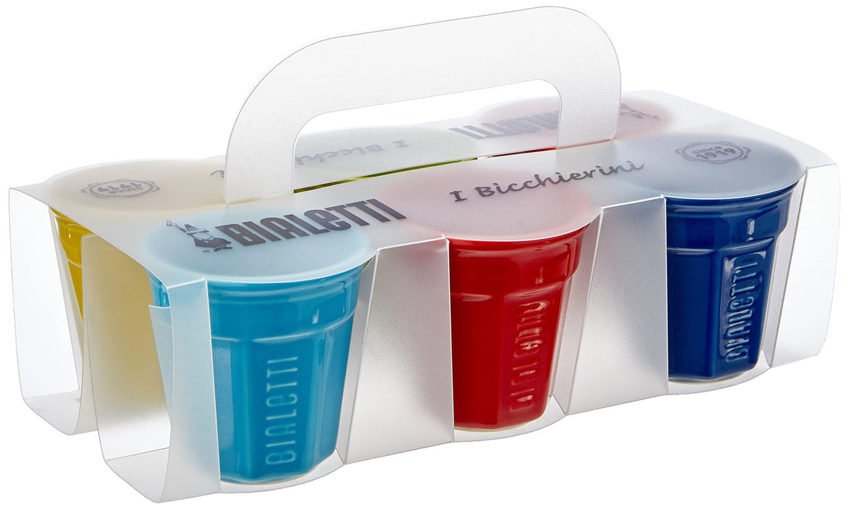 Bialetti I Bicchierini espresso cups packaging showing 6 colorful handleless cups in clear carrier – I Bicchierini Bialetti