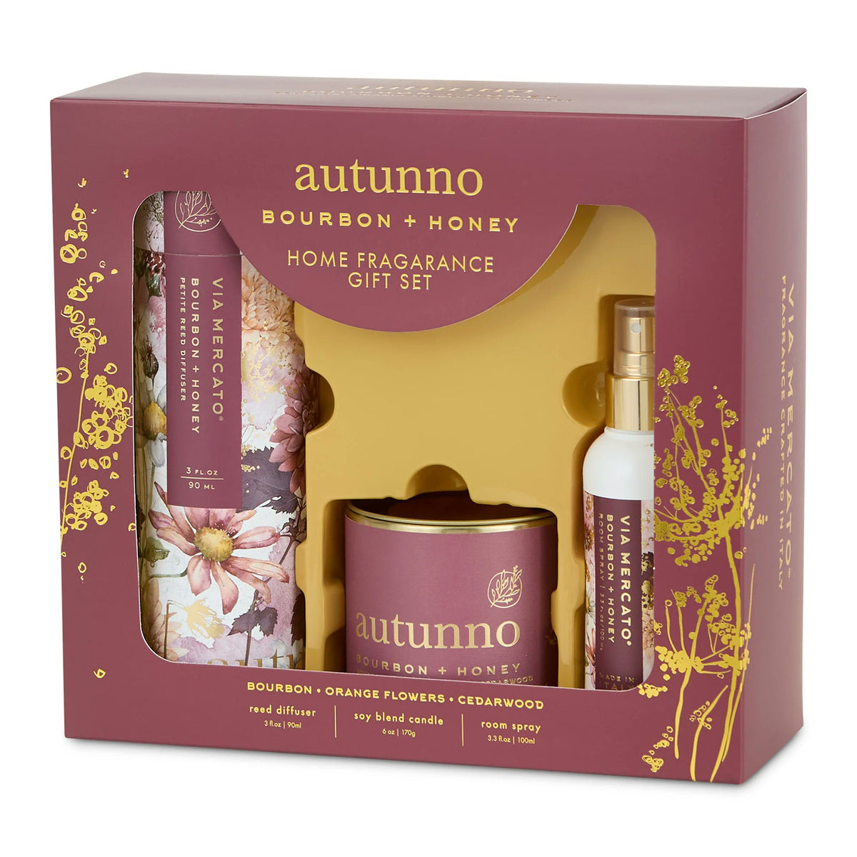 Via Mercato Autumn Bourbon & Honey Home Fragrance Gift Set | Candle, Diffuser & Spray