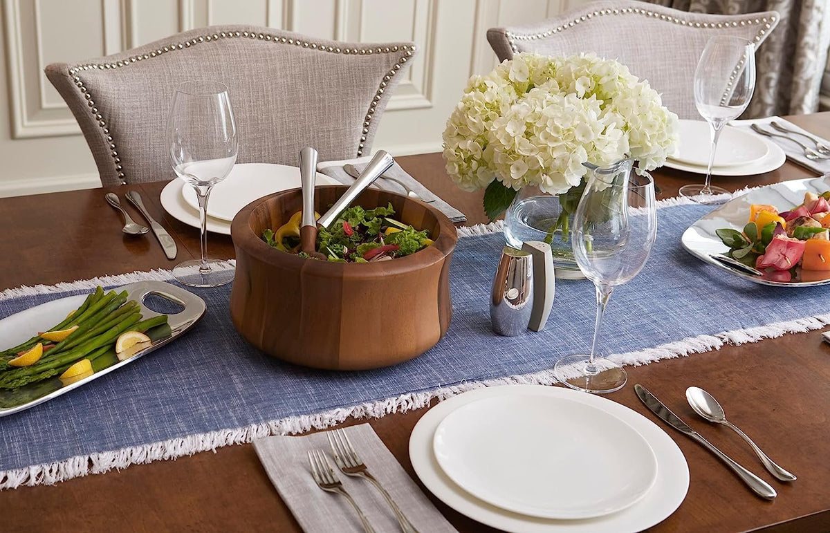 Nambé Nara Salad Bowl styled on table with fresh salad