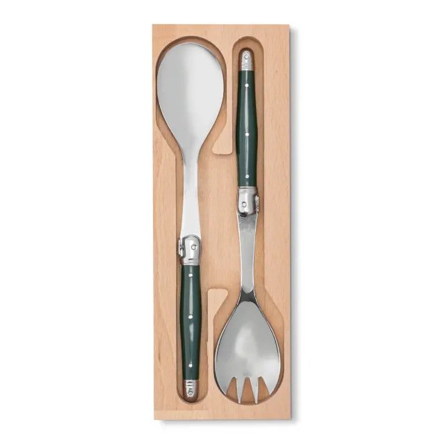 Andre Verdier Laguiole 2-Piece Salad Server Set - Tropical Green Handle, Beech Wood Gift Box | French Cutlery | Made in France