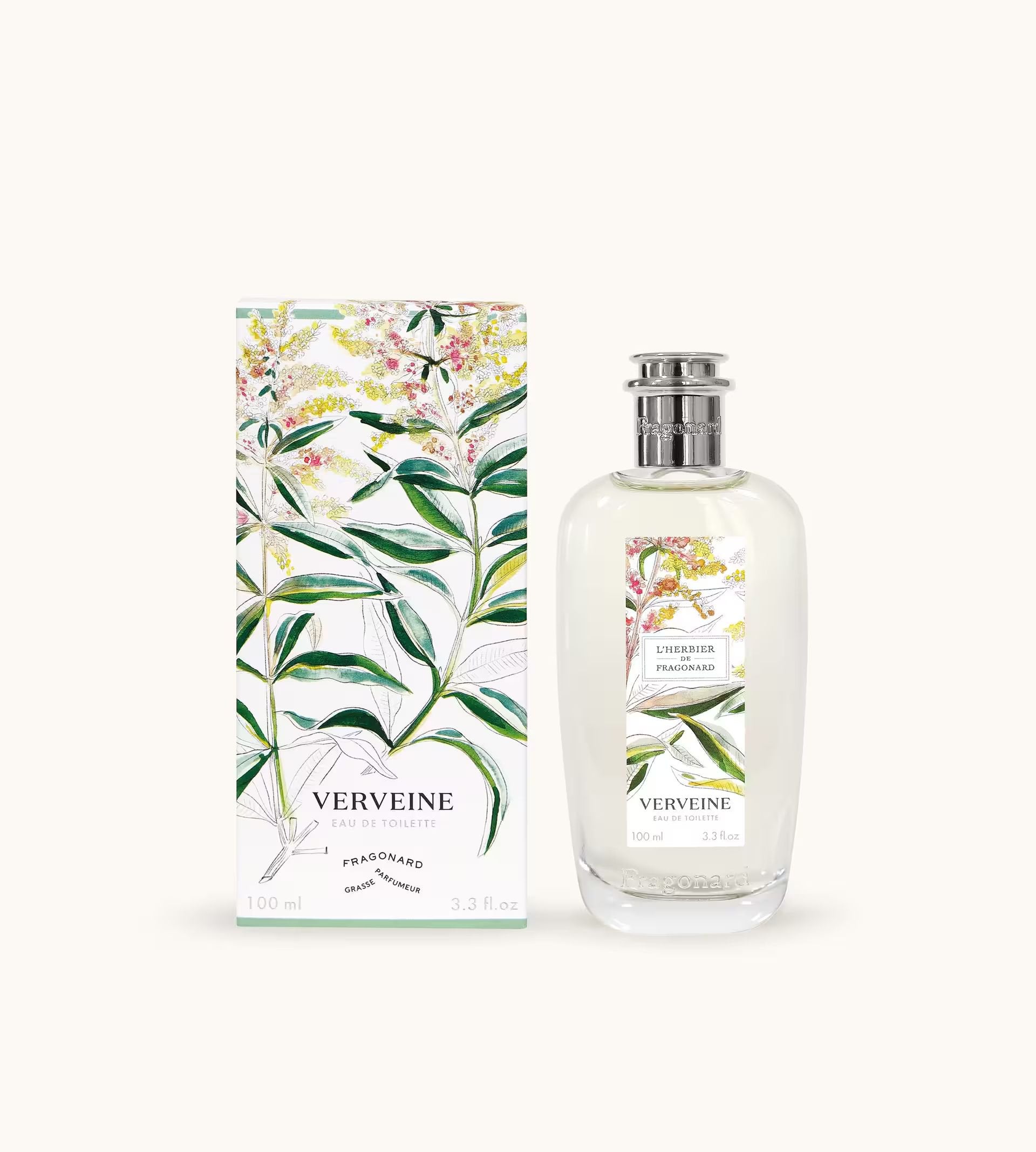Fragonard Verveine Eau de Toilette 100ml refillable glass bottle on white background

