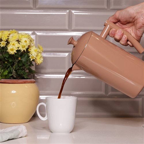 Frieling French Press Sandstone 34oz Brewing Coffee on Kitchen Counter