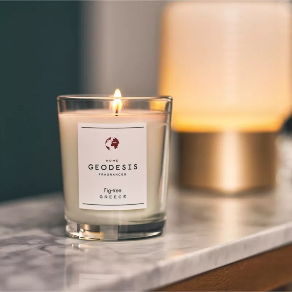 Geodesis Fig Tree Scented Candle 180g in clear glass jar – fresh green fig fragrance