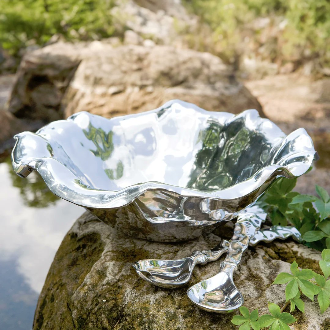 Beatriz Ball VENTO Alba Large Bowl Silver Rhythmic Wave Serving Bowl 16.75 Inch