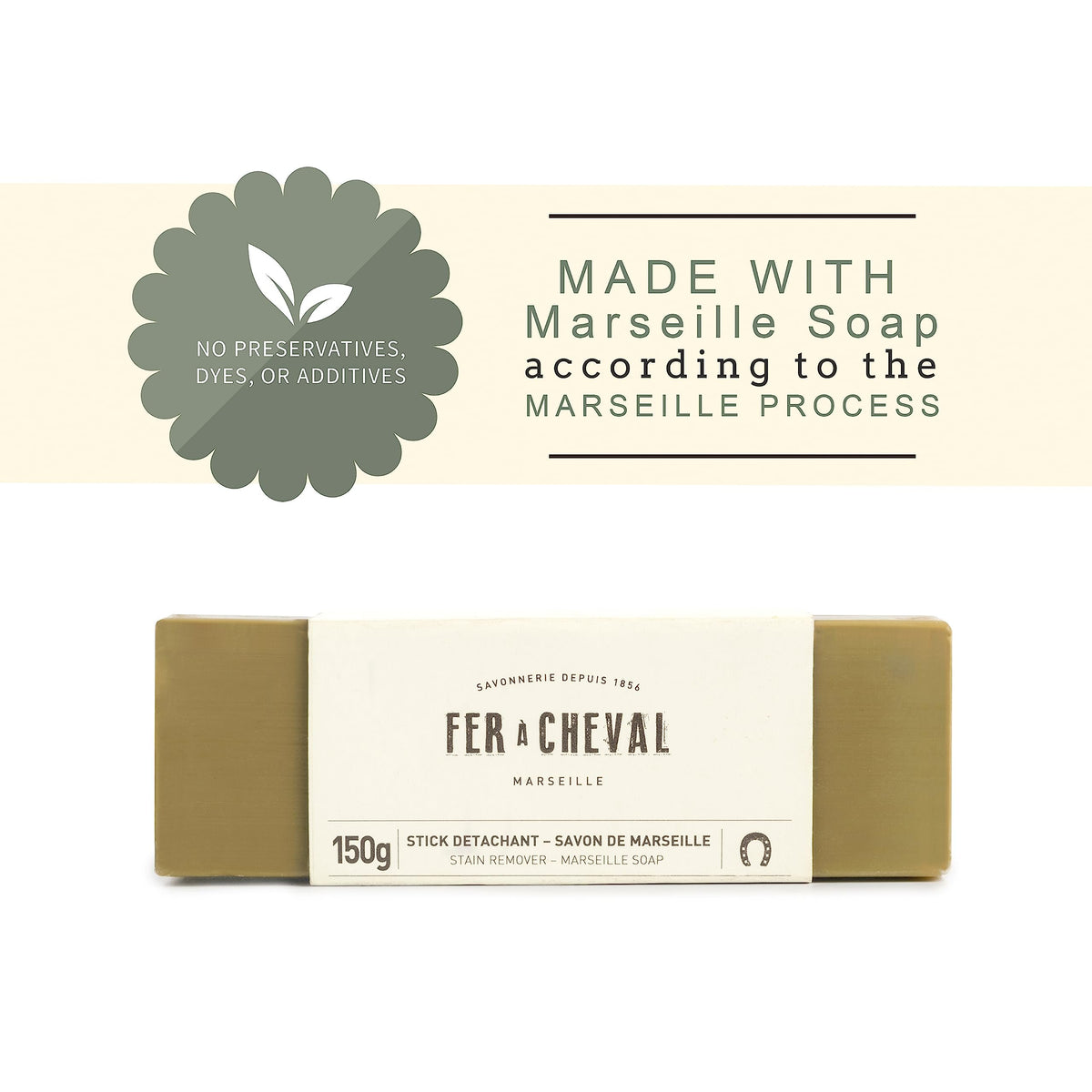 Fer à Cheval Marseille Soap Stain Remover Stick 2 Pack - Natural, Hypoallergenic, Travel-Sized Laundry Solution, 150 g/5.29 oz (Stick)