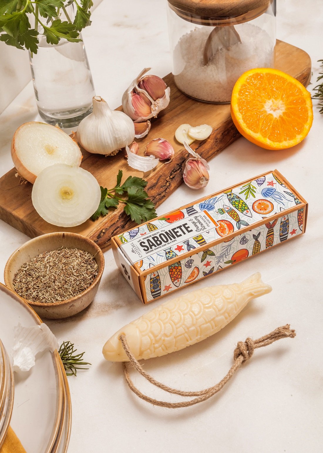 Castelbel Sardine Soap on a Rope | Orange & Rosemary | Kitchen Soap | 80g