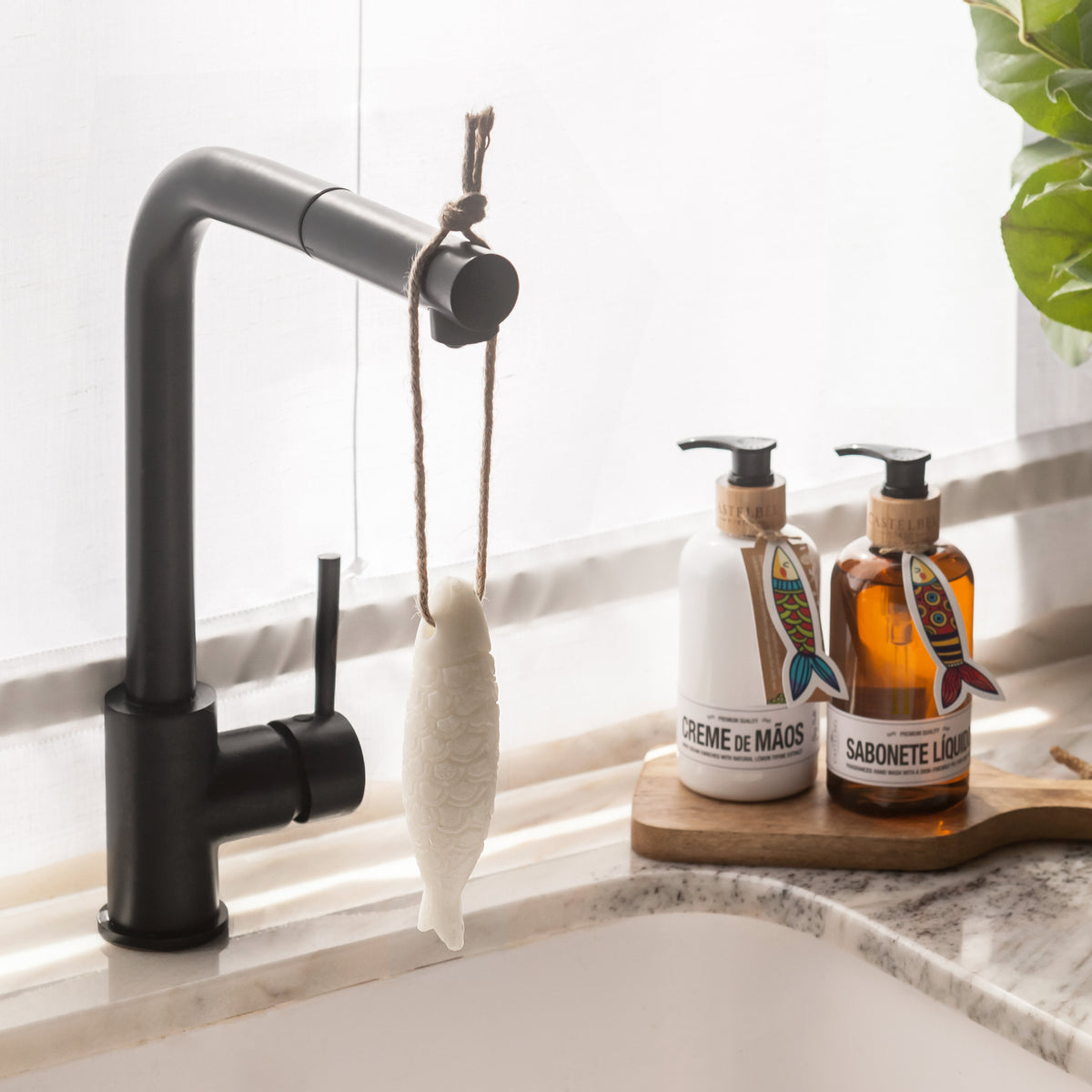 Castelbel Sardine Soap on Rope Showing Sardine Shape and Hanging Rope Faucet Display