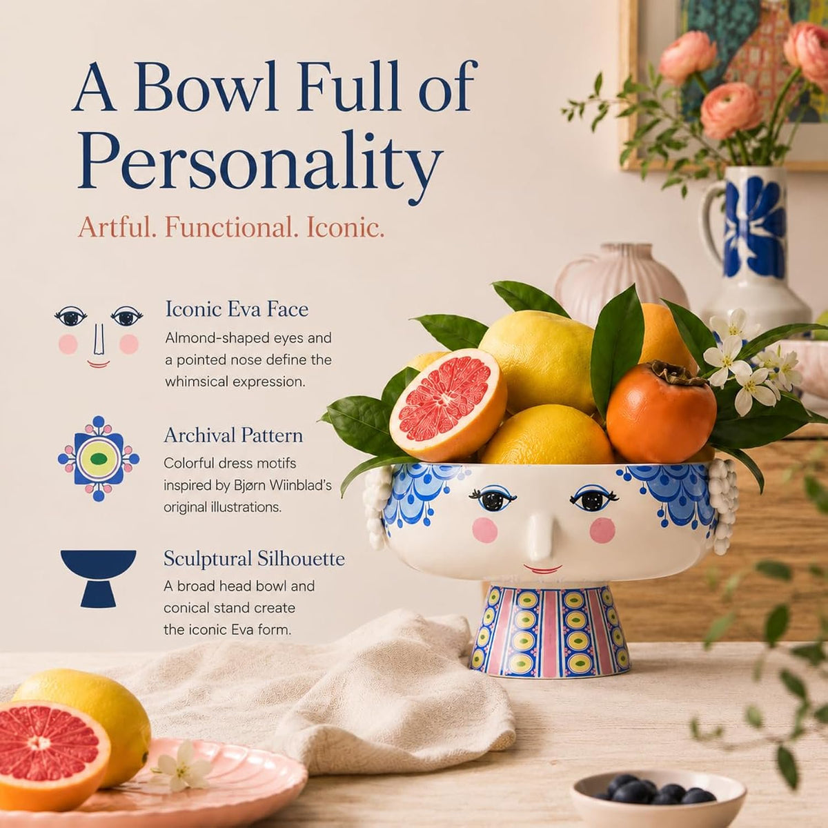 Bjørn Wiinblad Eva Bowl on Stand | Hand-Painted Glazed Ceramic | Blue | 9.4 in