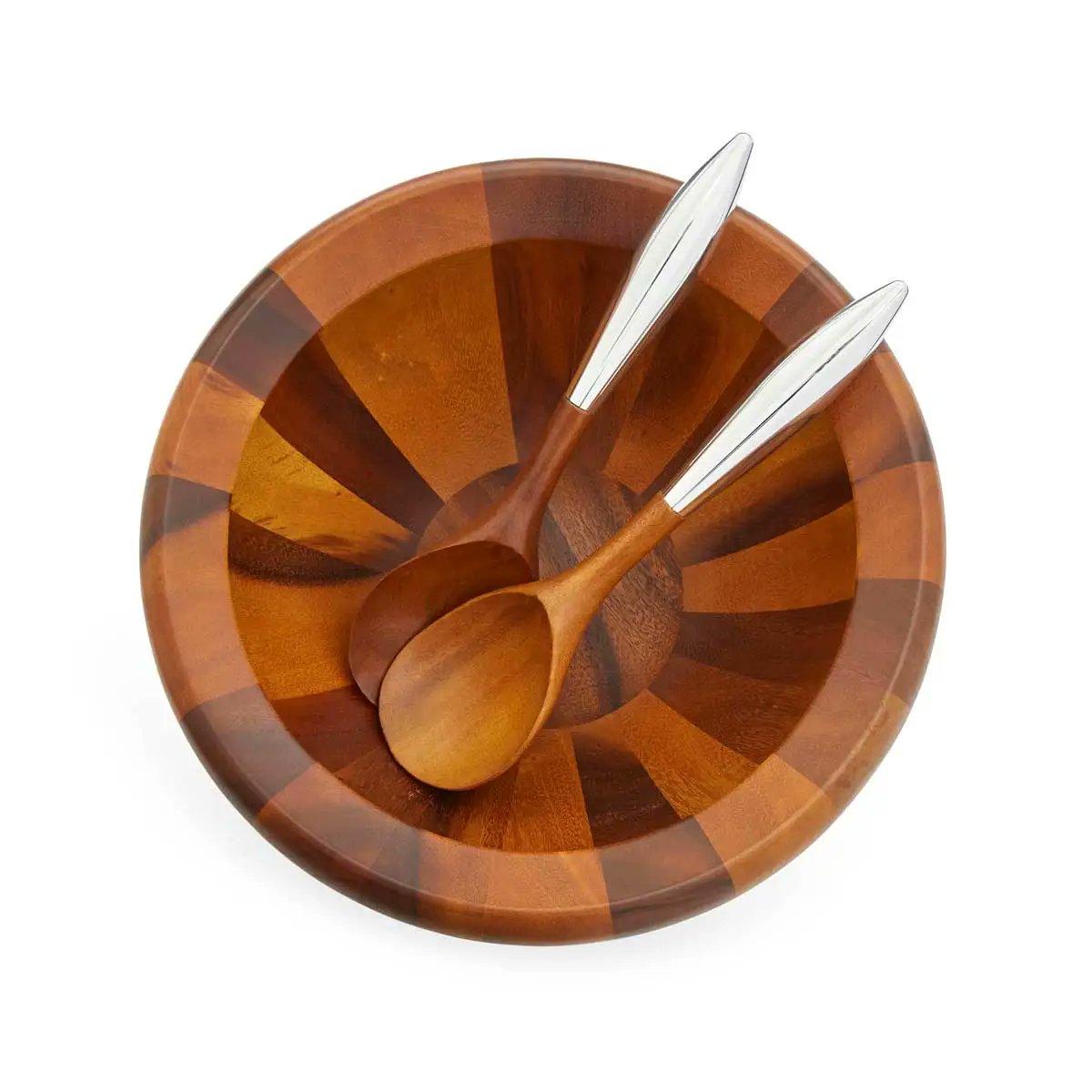 Nambé Yaro Salad Bowl with 2 Servers | Acacia Wood & Alloy | 14"D