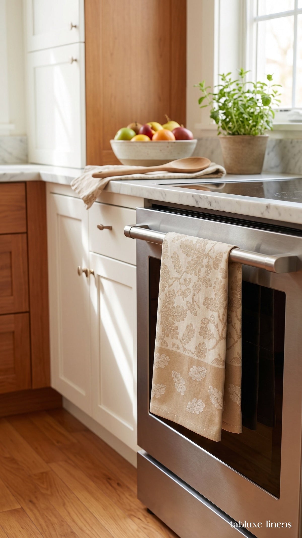 Busatti Rovere Sand tea towel styled in a bright home kitchen