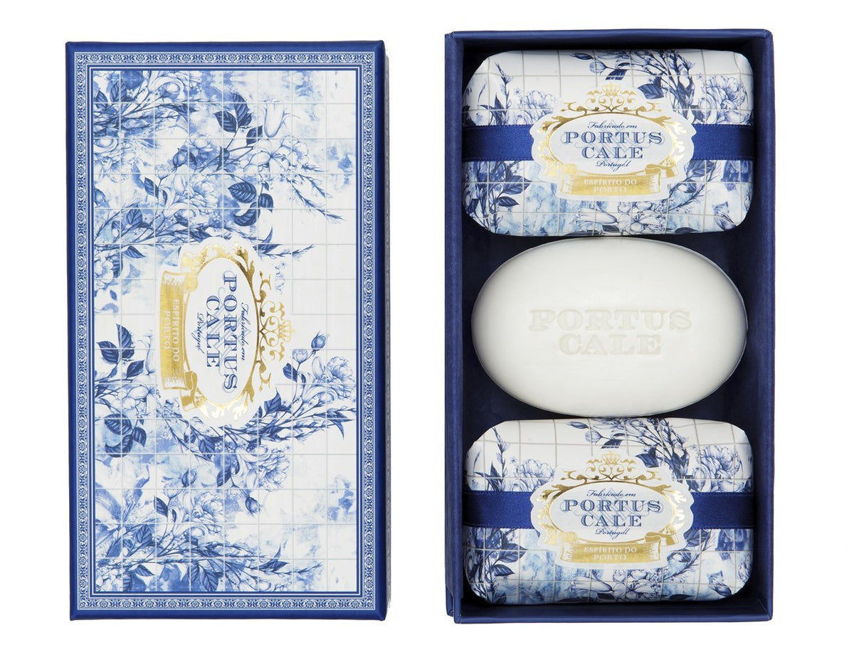 Portus Cale Gold & Blue Collection Fragranced Soaps Set (3 x 150g) luxury Floral Aroma Pink-Pepper and Jasmine Paper Wrap