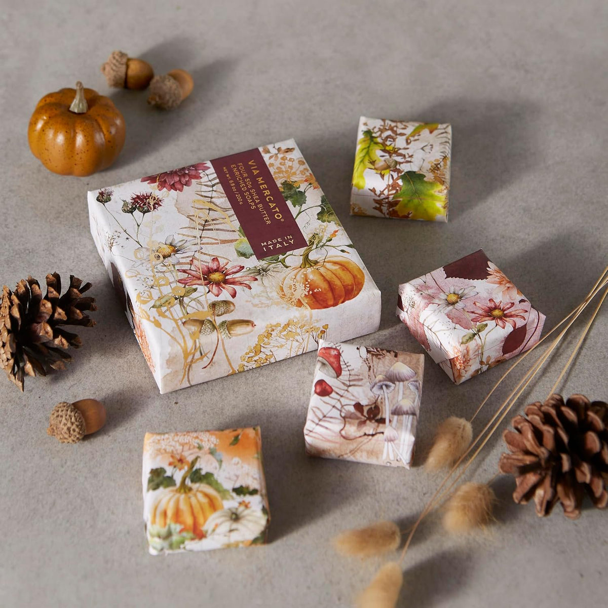 Via Mercato Autunno soap set styled on rustic autumn table pine branches fall seasonal gift