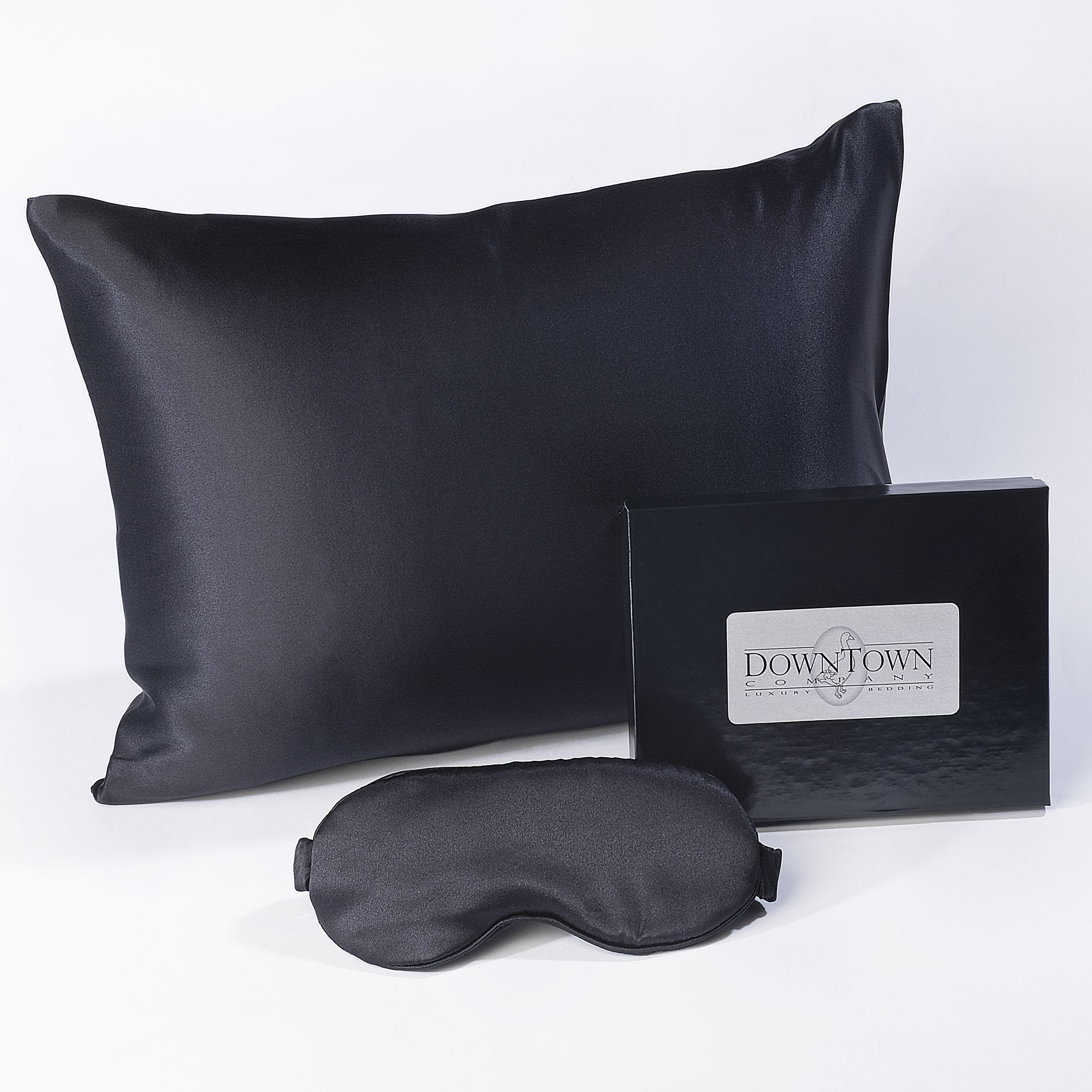 Travel Gifts Set: Hypoallergenic Mulberry Boudoir Pillow, Silk Pillow Case & Eye Mask | Black