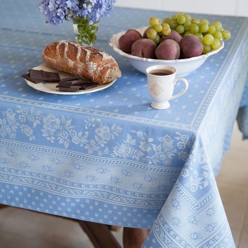 TABLUXE LINENS Jacquard Rectangular Tablecloth - 63x138 inch - Spill-Resistant Luxury Linen French Provence Tablecloth (Blue, Ecru, Gray, White)