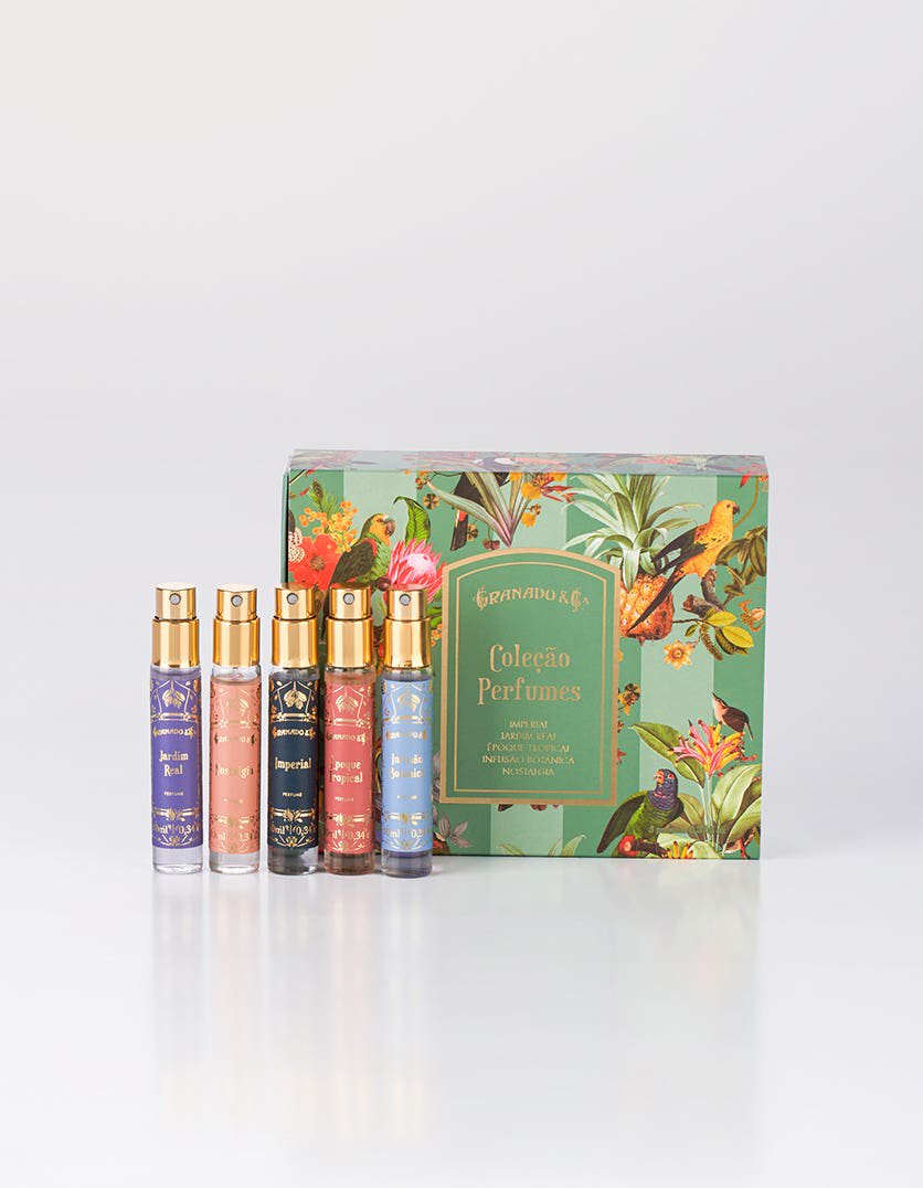 Granado Tropical Birds 5 fragrance bottles 10ml close-up Imperial Jardim Real Nostalgia