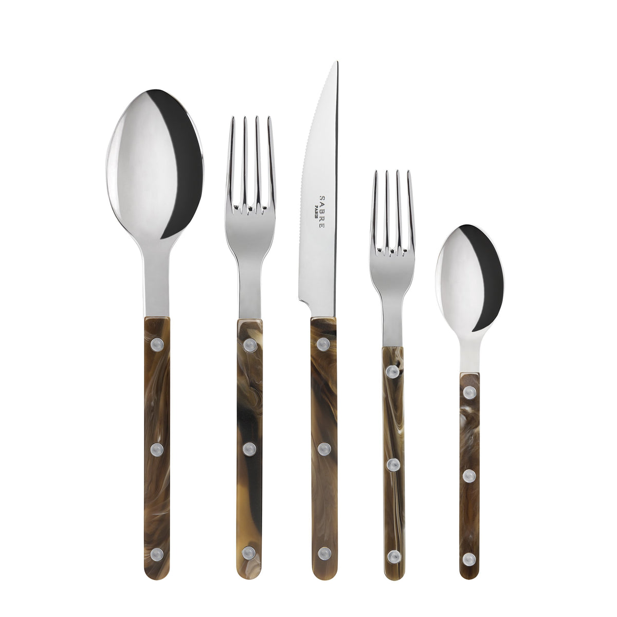 Sabre-Paris 5-Piece Flatware Set for 1 - Bistrot Collection -  Knife, Fork, Soup Spoon, Teaspoon & Dessert Fork - Stainless Steel & Nylon   Shiny Finish (Service for 1) | Faux Buffalo