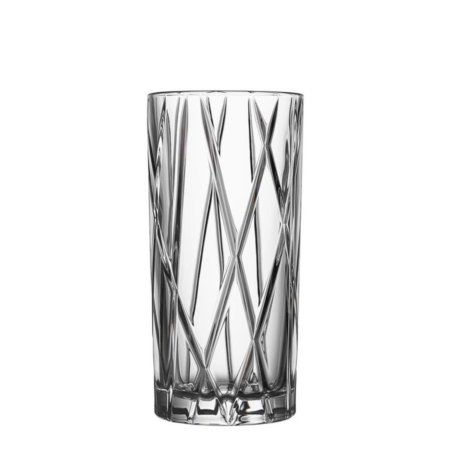 Orrefors City Highball Glass close-up showing asymmetric cut detail