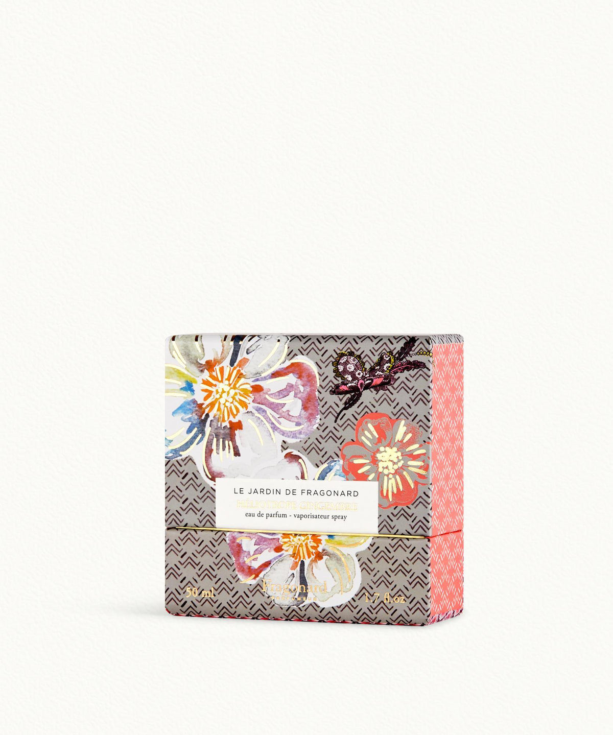 Fragonard Heliotrope Gingembre 50ml Eau de Parfum flat lay ginger heliotrope vanilla caramel