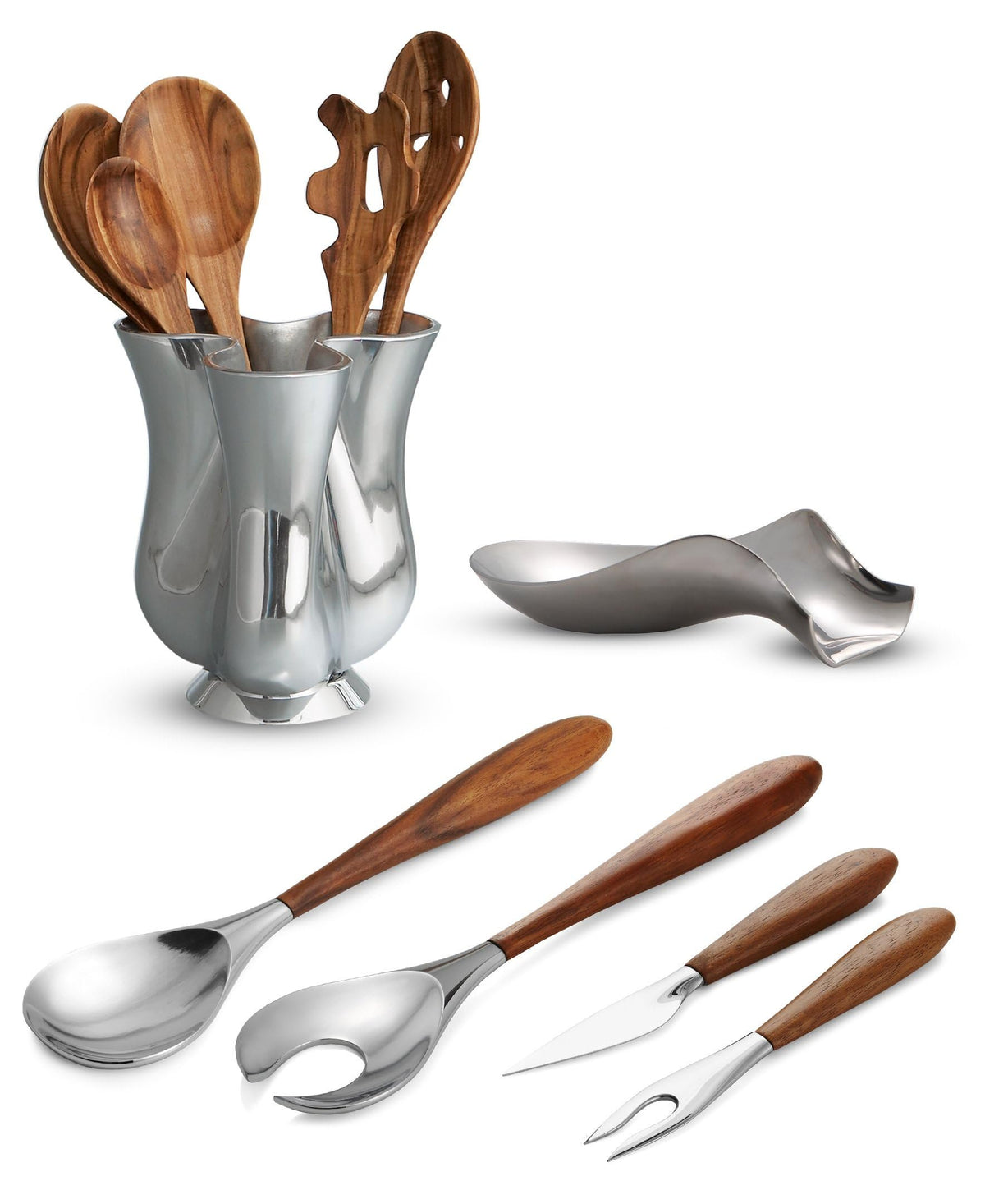 Nambé Curvo Serving Fork | Stainless Steel & Acacia Wood | 13"L