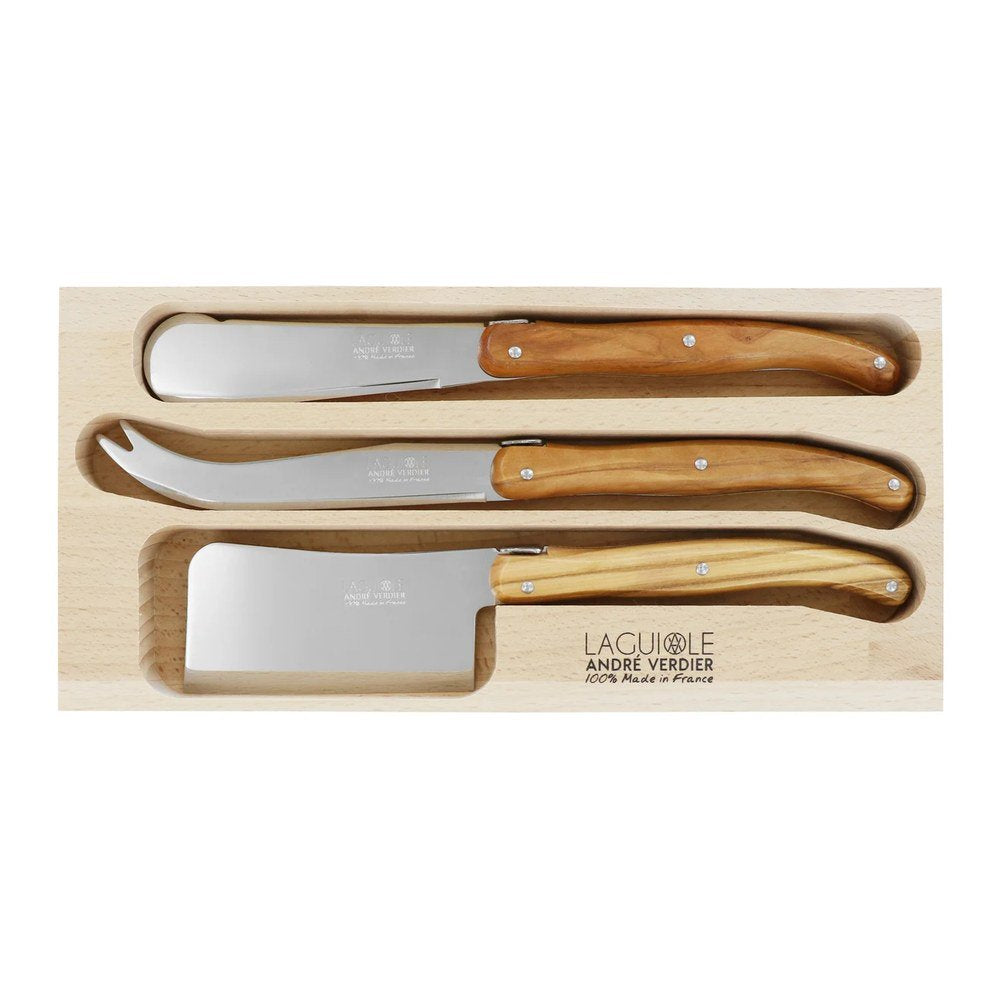 André Verdier Laguiole Debutant Country 3 piece cheese knife set with olivewood handles