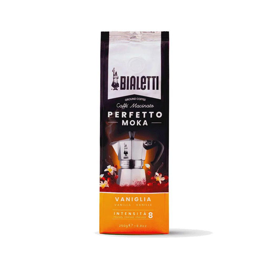 Bialetti Perfetto Moka Vanilla medium roast ground coffee 8.8oz bag with aroma-saving valve