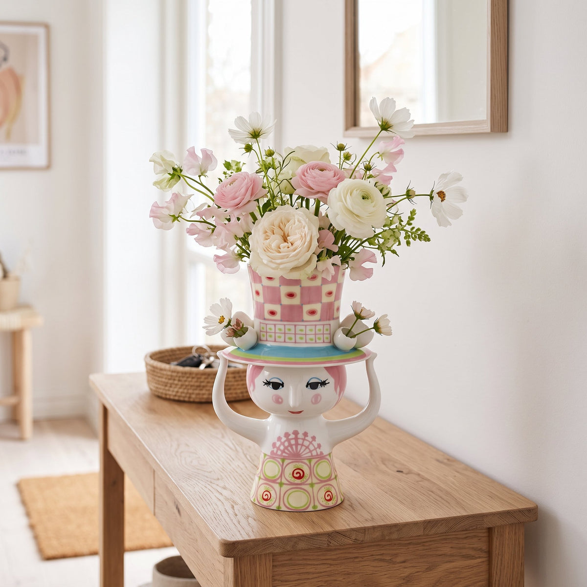 Bjorn Wiinblad Lady with Hat Vase Pink Yellow Filled with Fresh Flowers Bouquet