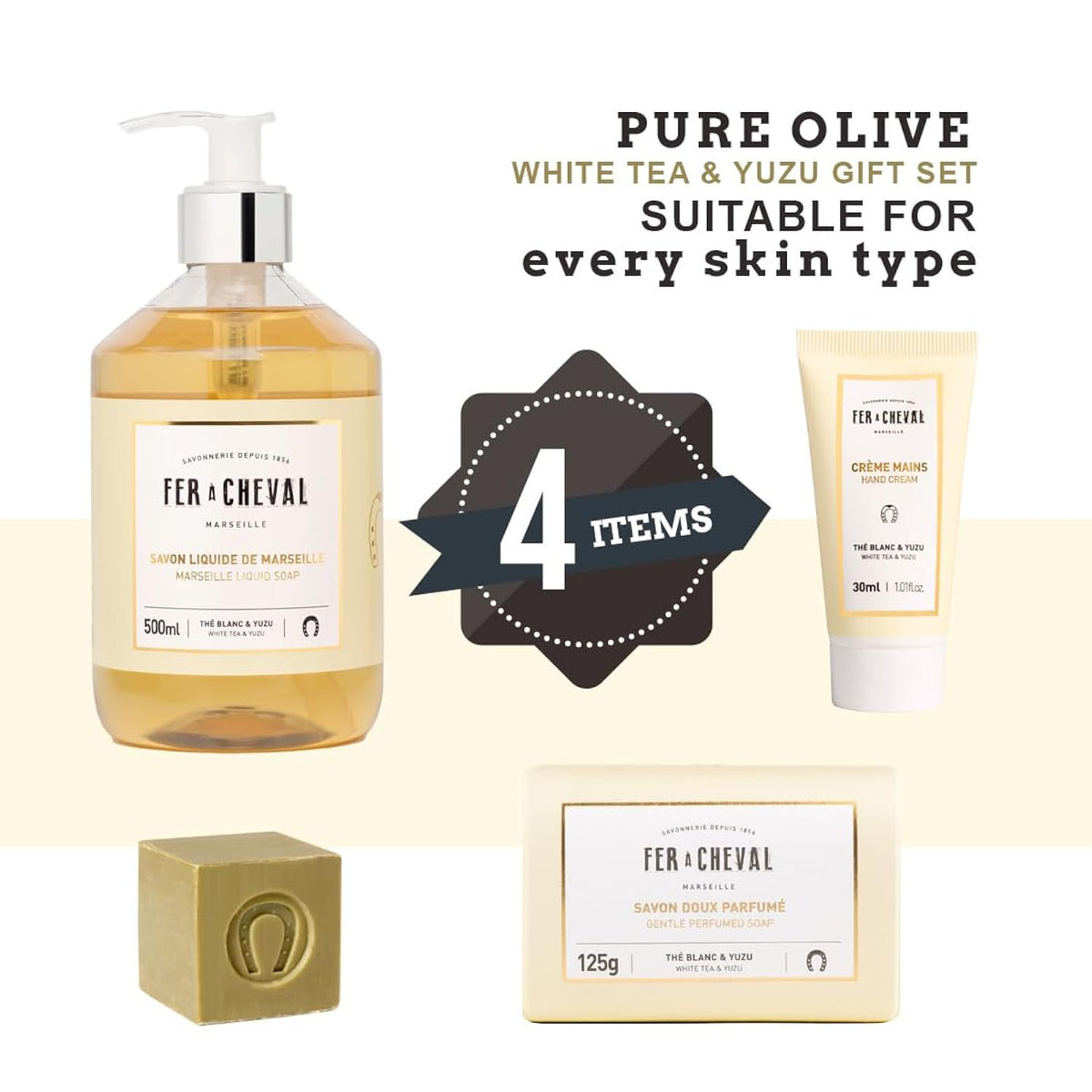 Fer a Cheval White Tea Yuzu Gift Box Open Showing Liquid Soap Cube Soap Scented Soap Hand Cream