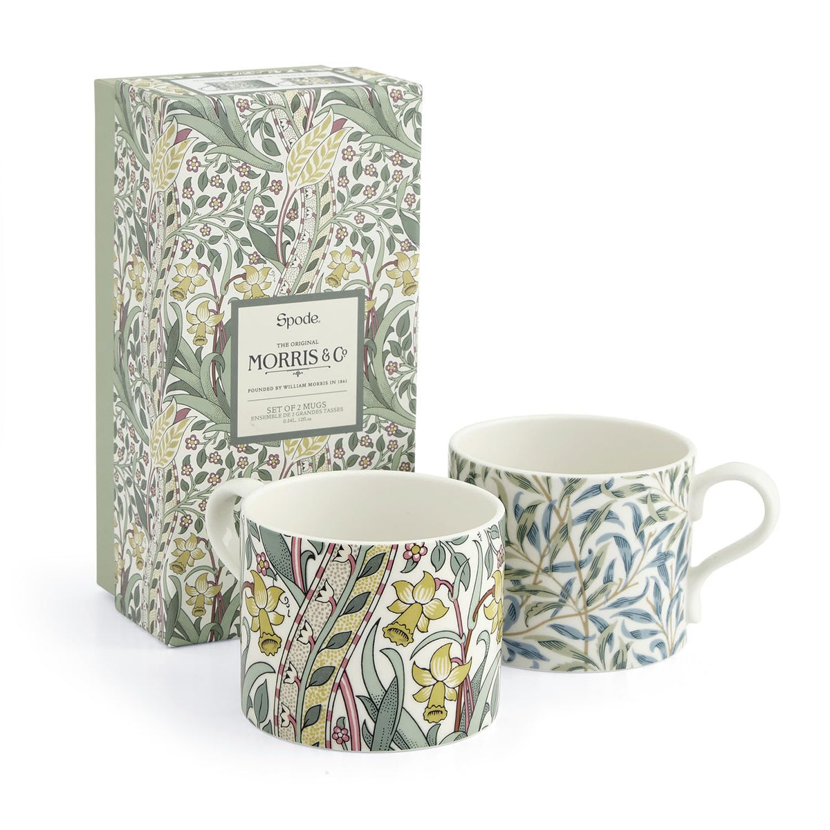 Spode Morris & Co 12oz Mugs, Set of 2 (Daffodil & Willow Bough)  Elegant Porcelain Drinkware for Coffee Home Kitchen Mug Set