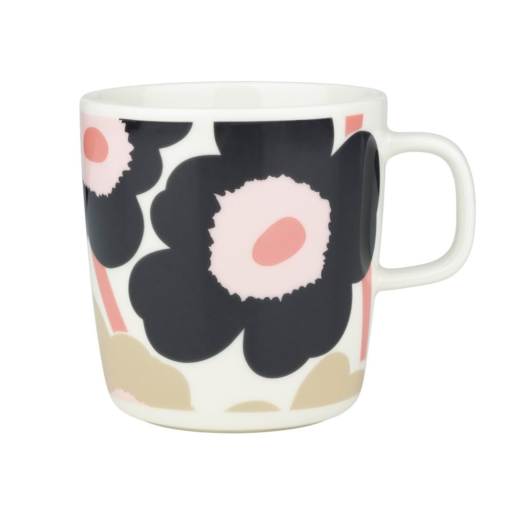 Marimekko Oiva Unikko charcoal flower mug in white stoneware, 13.5 oz
