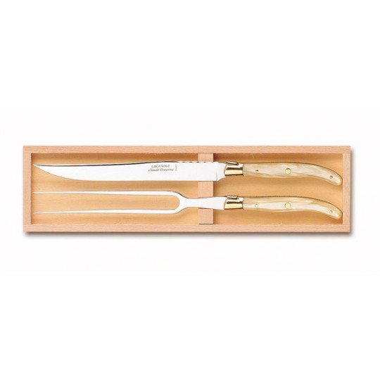 Claude Dozorme Laguiole Carving Set 2-Pieces  Laguiole Pearl Brass Bolsters