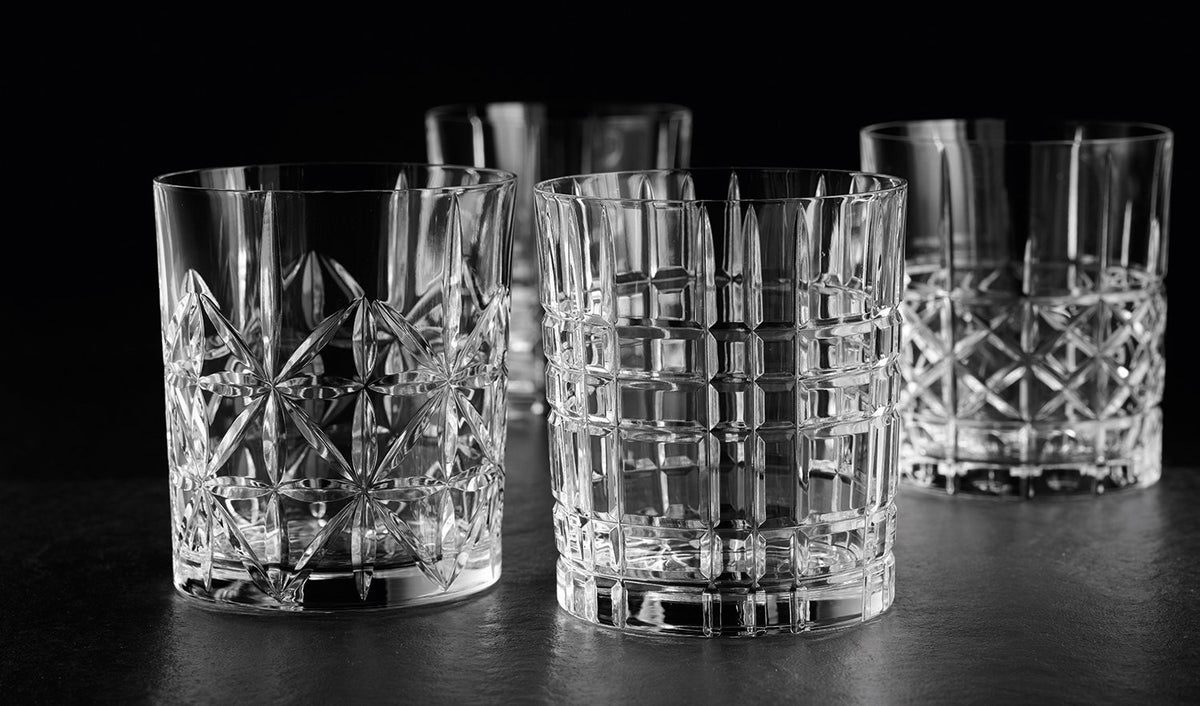 Nachtmann Highland Collection Crystal 6” Long Drink Glasses, Set of 4, With Different Glass Patterns, For Cocktails or Non- Alcoholic Beverages,445 ml, Dishwasher Safe