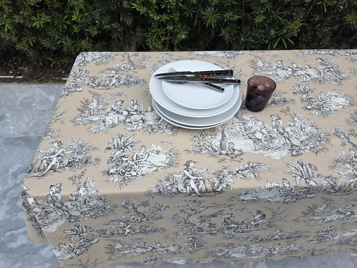 TABLUXE LINENS Provence 70-Inch Round Tablecloth French Coated Cotton Easy Care Cream/White Versailles