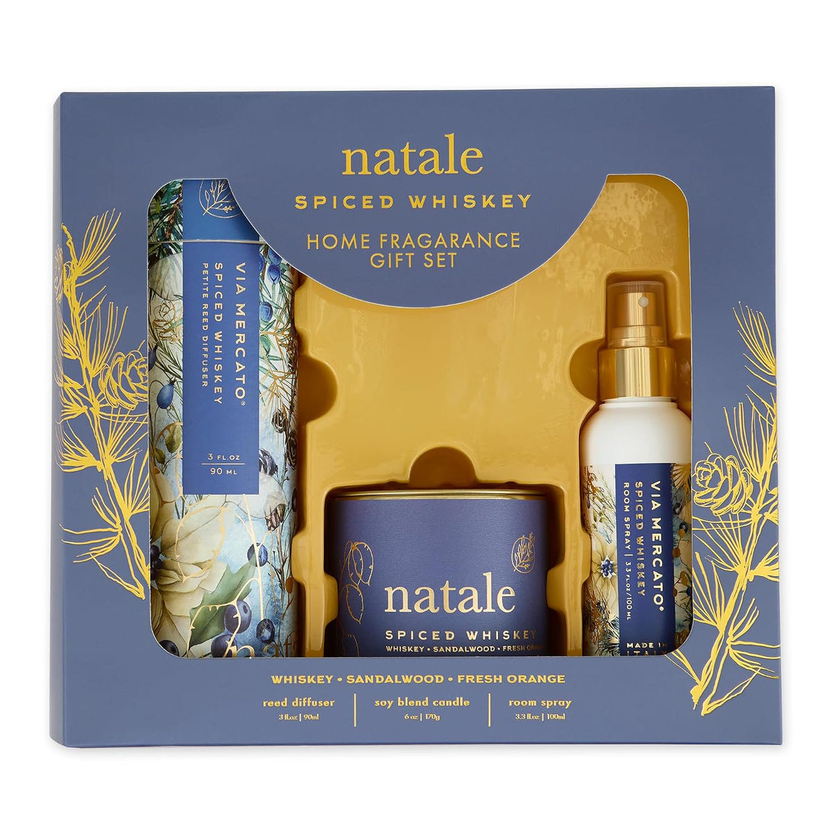 Via Mercato Natale Spiced Whiskey Home Fragrance Gift Set | Candle, Diffuser & Spray