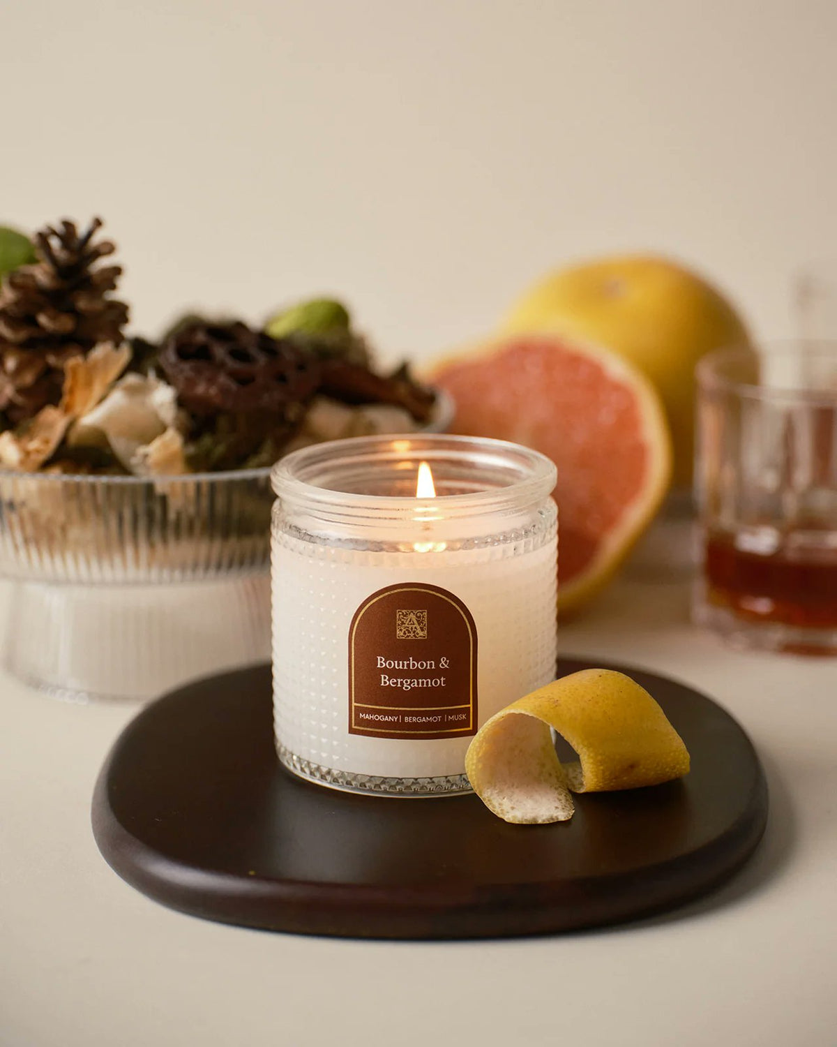 Bourbon & Bergamot Textured Glass Scented Candle | Warm Citrus & Cashmere Musk