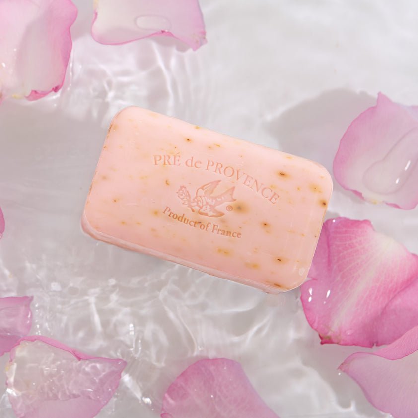 Pre de Provence Rose Petal Soap close-up, shea butter enriched lather