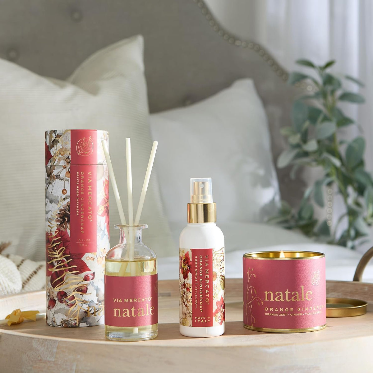 Via Mercato Natale Orange Gingersnap home fragrance set styled on shelf holiday seasonal decor