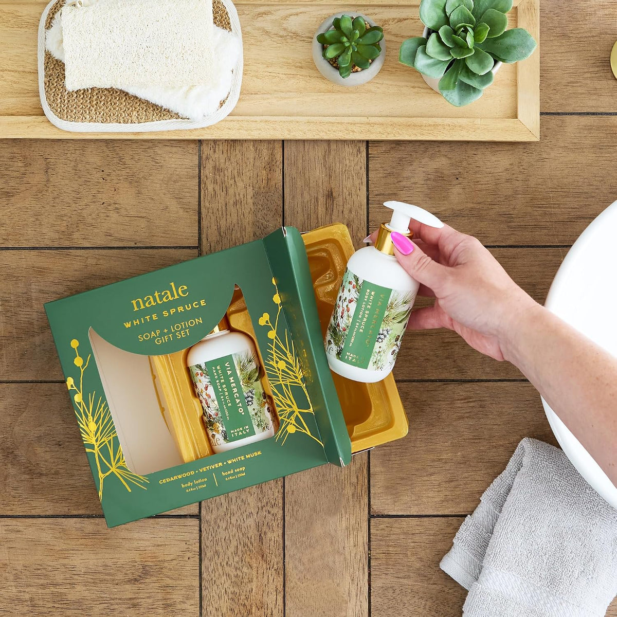 Via Mercato Natale White Spruce soap lotion duo styled on bathroom sink guest bath holiday gift