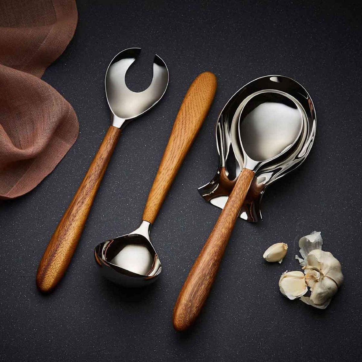 Nambé Curvo Serving Fork | Stainless Steel & Acacia Wood | 13"L